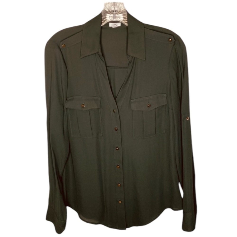 Express Portofino button roll tab sleeve solid olive Green gold buttons:SLIM SP